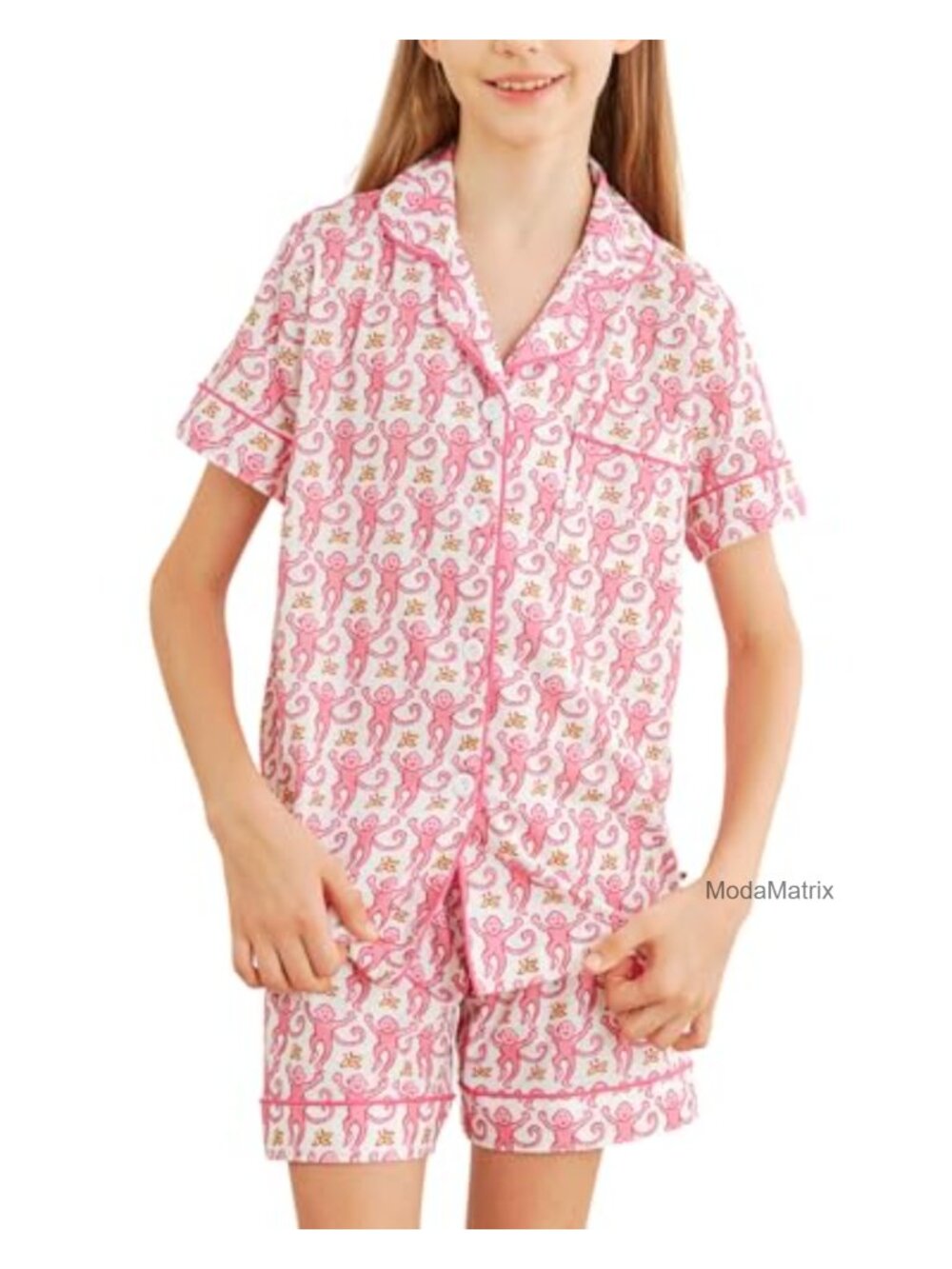 Girls 2-Piece Monkey Print Pajama Set, Cotton Short Sleeve Sleepover Loungewear